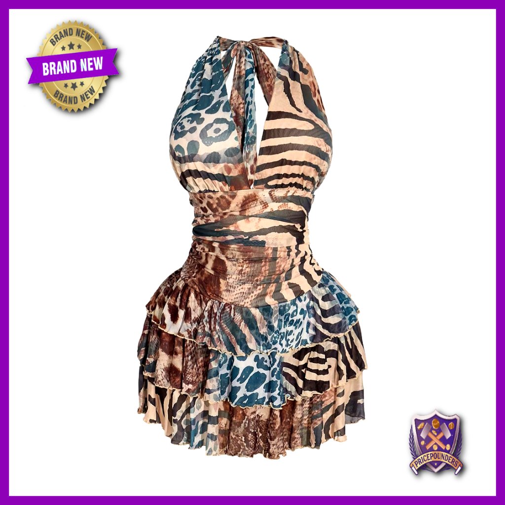 Plus Size Mesh Halter Dress Deep V Neck Ruffle Mini Y2k Animal Print
